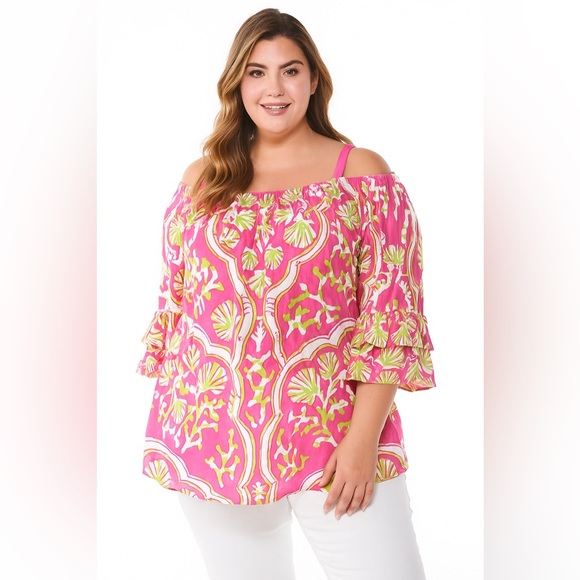 crown & ivy Tops - New Crown & Ivy XL Print Cold Shoulder Ruffle Blouse Smocked Pink Seashell Beach